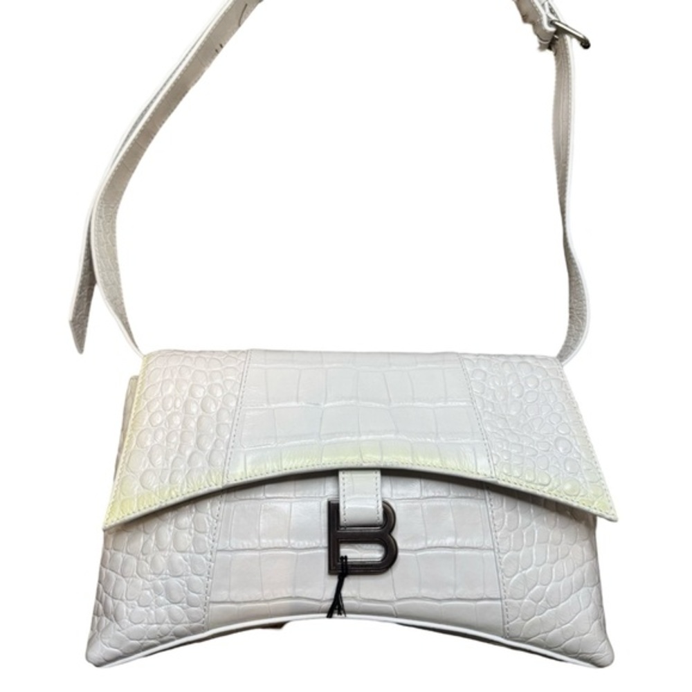 $2100 BALENCIAGA HOURGLASS DOWNTOWN SHOULDER BAG CROCODILE Embossed White